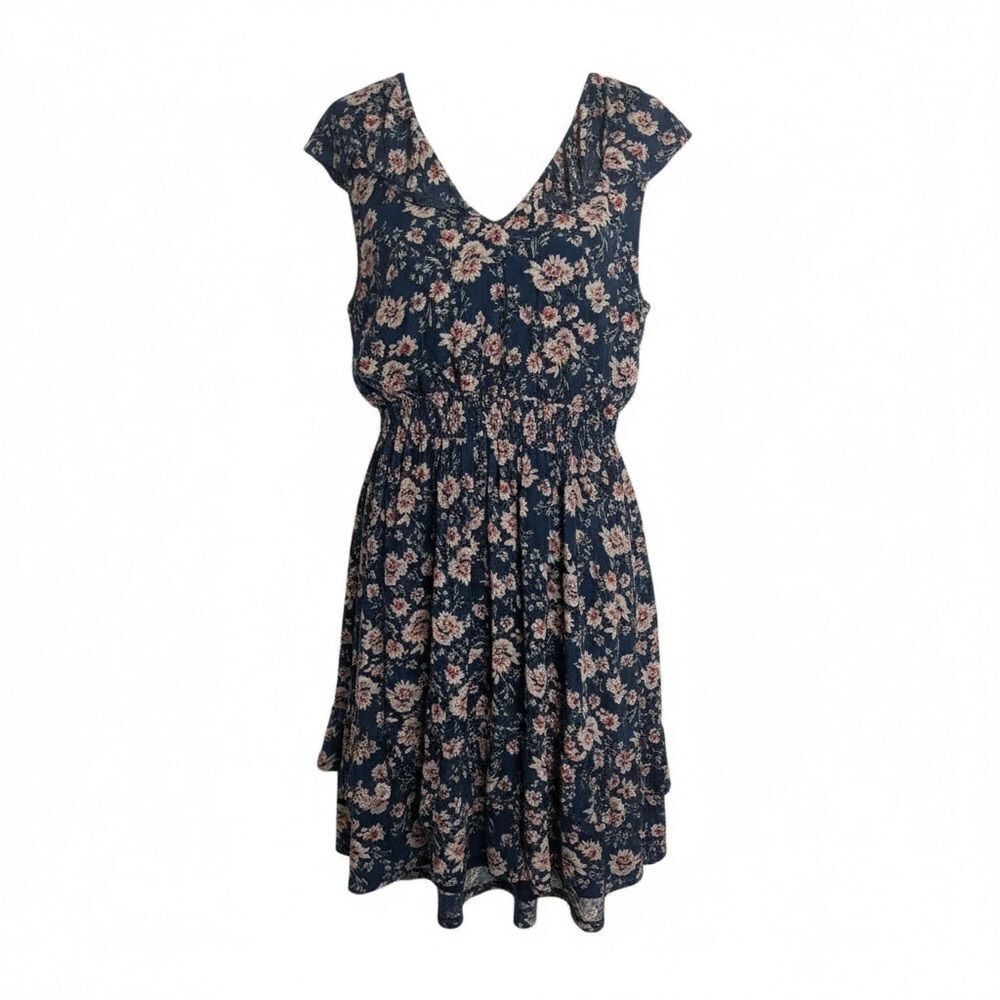 American Rag Floral V Neck Ruffle Sleeveless A Line Dress Navy Blue Large